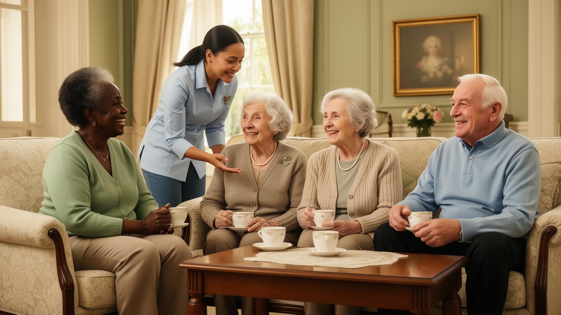 Elderly residents and a caregiver laughing together in a sunlit, elegantly furnished living room