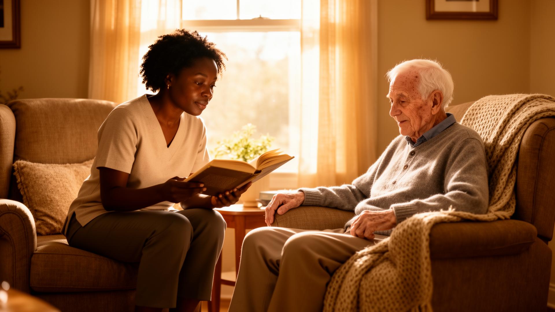 Three elderly friends laughing together over mugs of tea on a sunlit sofa, a caregiver smiling behind them