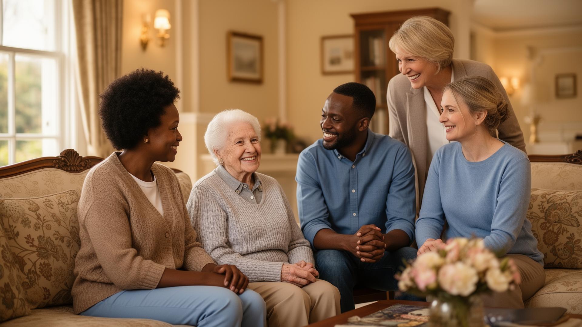 An adult daughter embracing her elderly mother in a warm home entryway while a friendly caregiver welcomes them