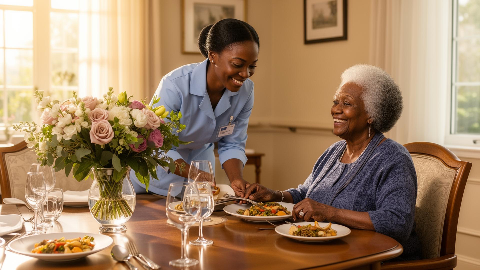 Elderly residents enjoying a freshly plated meal at an elegant dining table while a caregiver serves with a smile