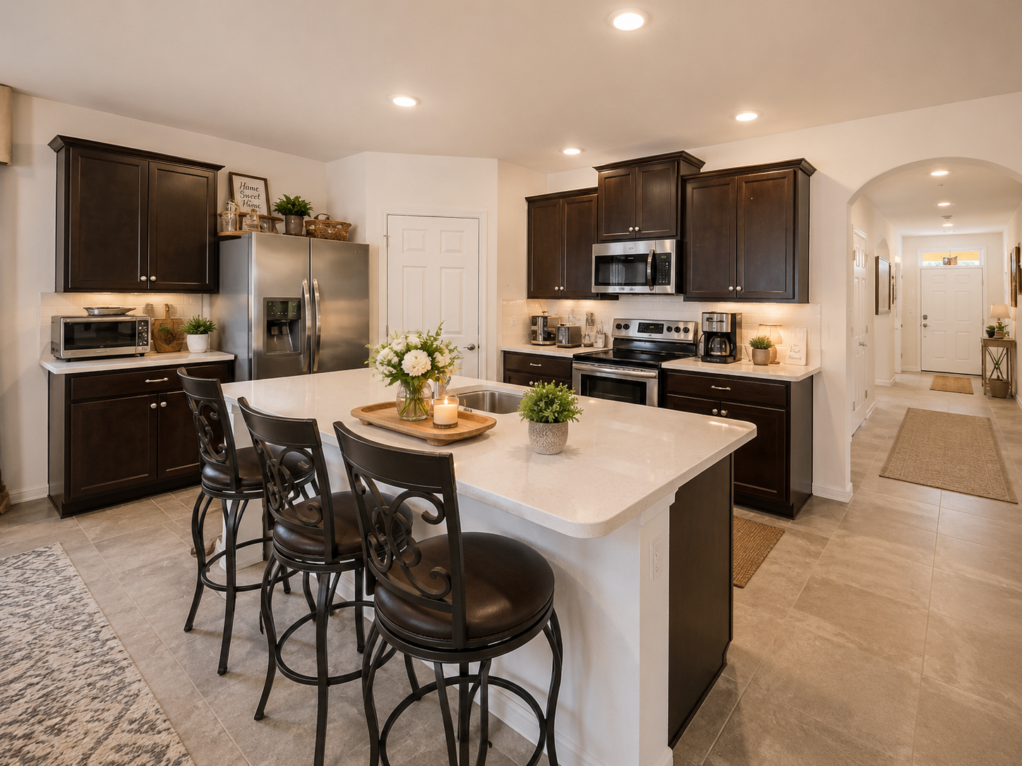 Albert's Manor kitchen with dark wood cabinetry, a large island, elegant seating, and warm lighting