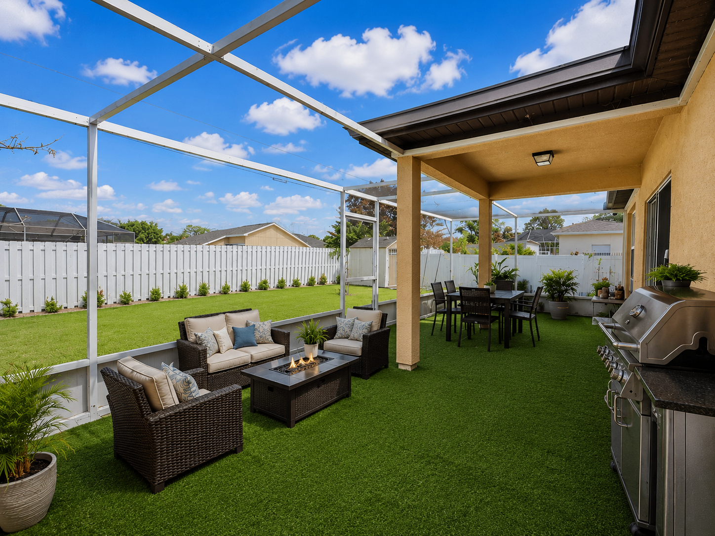 Screened patio at Albert's Manor with seating, dining area, grill, and landscaped lawn