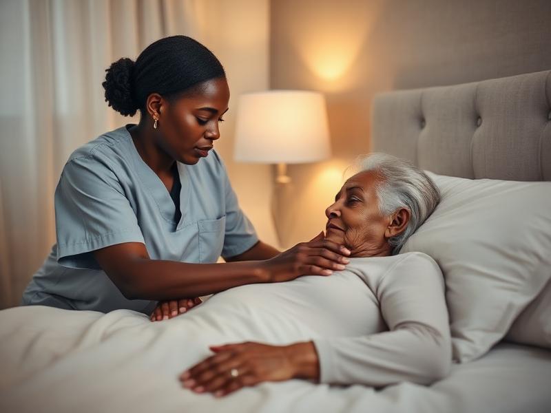 Caregiver gently checking on an elderly resident resting peacefully under soft lamplight