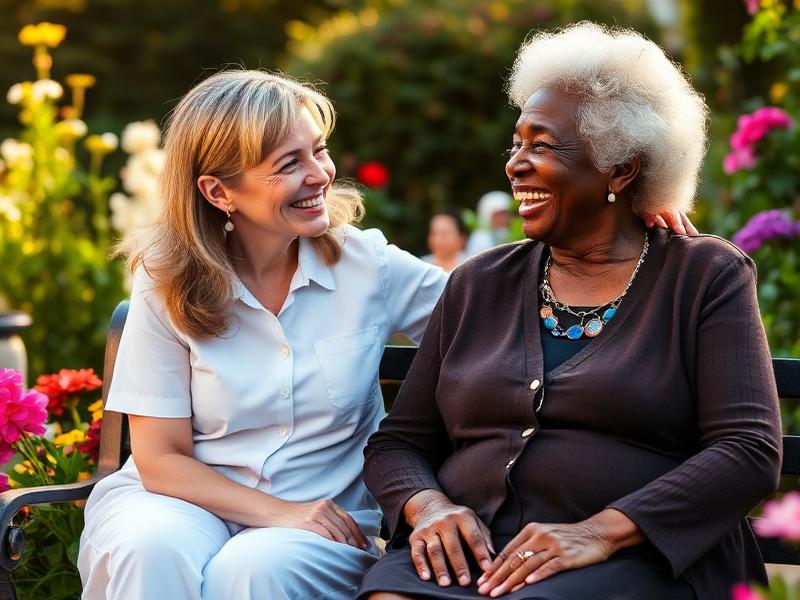 A caregiver and an elderly woman laughing together on a flower-lined garden bench