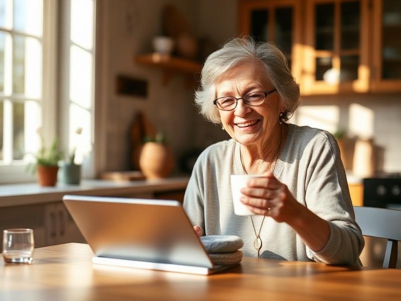 A smiling elderly woman holding a coffee mug while video-calling her family on a tablet at home