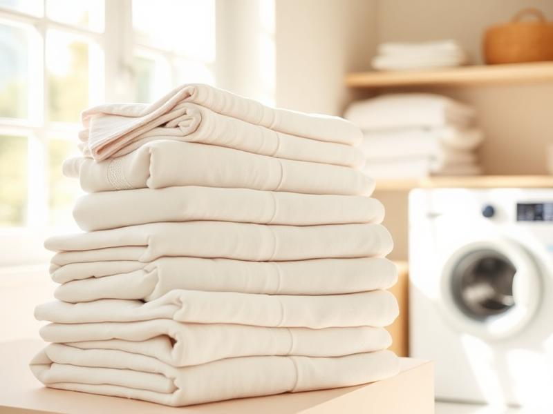 A stack of freshly folded white linens in a bright, sunlit laundry room