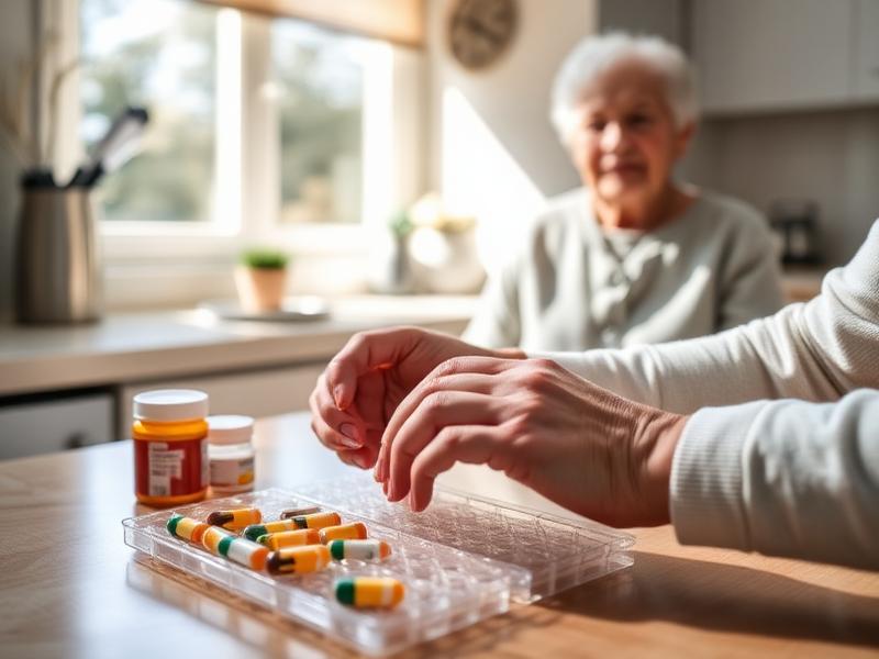 Caregiver hands carefully organizing a weekly pill organizer beside prescription bottles