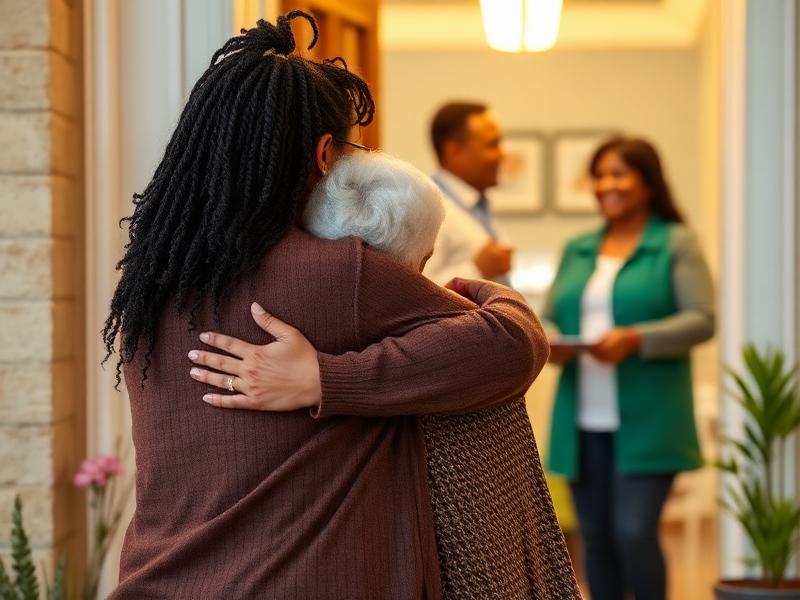 An adult daughter hugging her elderly mother goodbye in a warm home entryway as a caregiver welcomes them