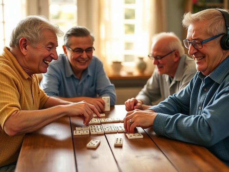 A group of elderly residents laughing together while playing dominoes around a sunlit wooden table