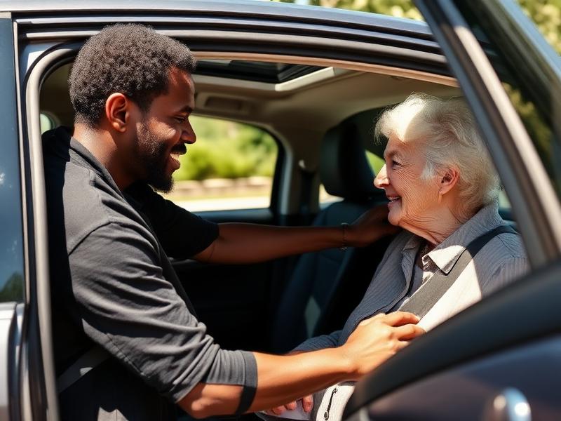 A caregiver helping an elderly woman into the passenger seat of a car on a sunny day