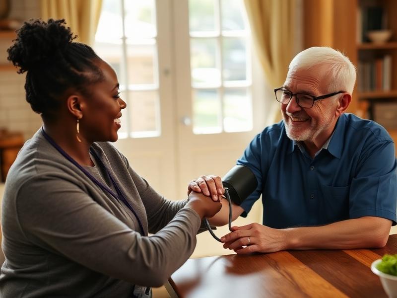 A nurse taking the blood pressure of a smiling elderly gentleman at a sunlit kitchen table